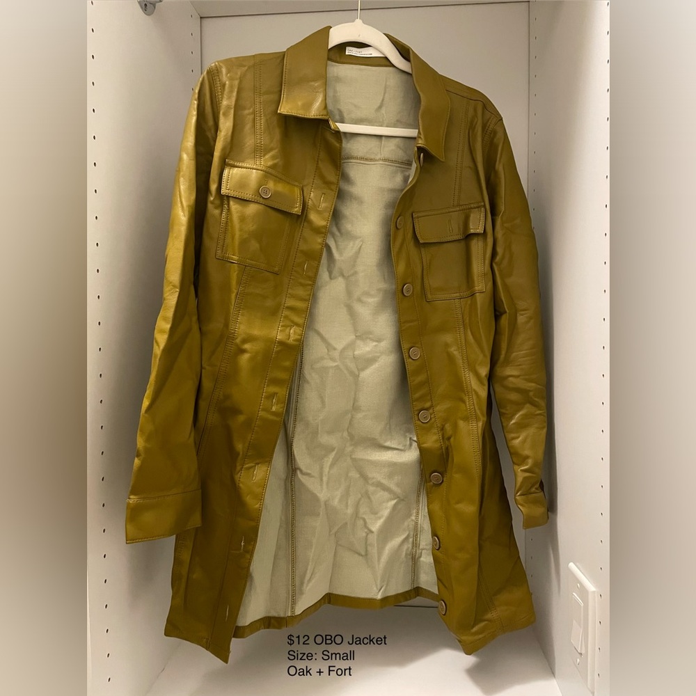 OAK + FORT Olive Green Leather Button-Front Jacket